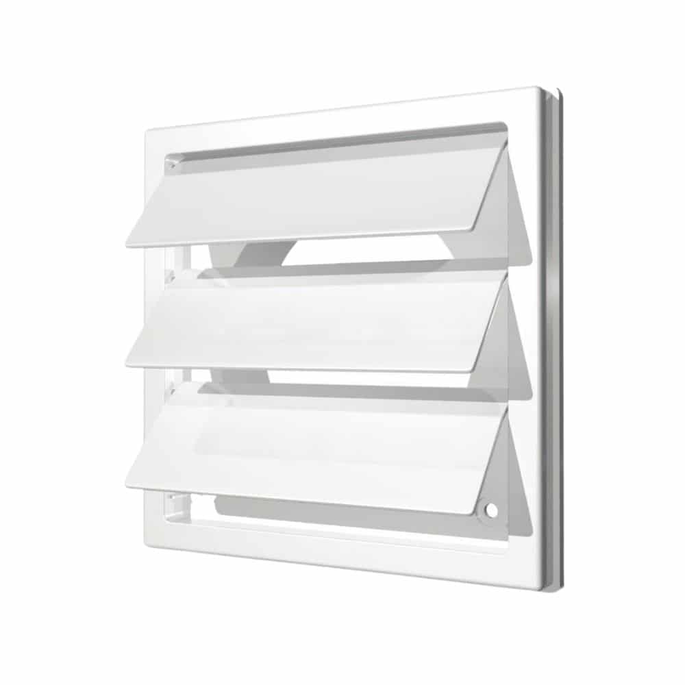 Grila ventilatie Ø150-160mm patrata cu lamele gravitationale, exterior 190х190, ASA plastic Alb