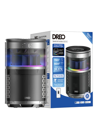Purificator aer Dreo 530AS Smart, Wifi, 221 m³/h, Filtru 3 in 1 True HEPA, DREO HyperSilent™, 4 trepte de viteza, Mod Turbo, Mod Auto, Mod de noapte, Senzor calitate aer, Lumină ambientală, Până la 90 m², Negru