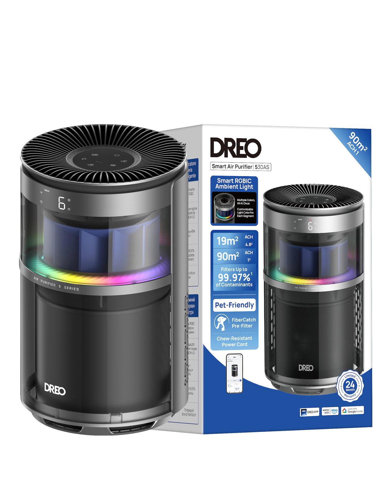 Purificator aer Dreo 530AS Smart, Wifi, 221 m³/h, Filtru 3 in 1 True HEPA, DREO HyperSilent™, 4 trepte de viteza, Mod Turbo, Mod Auto, Mod de noapte, Senzor calitate aer, Lumină ambientală, Până la 90 m², Negru