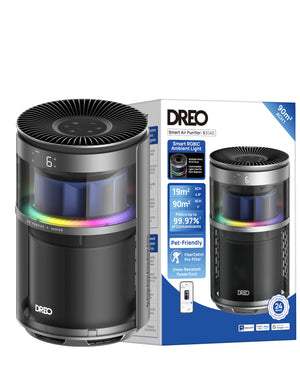 Purificator aer Dreo 530AS Smart, Wifi, 221 m³/h, Filtru 3 in 1 True HEPA, DREO HyperSilent™, 4 trepte de viteza, Mod Turbo, Mod Auto, Mod de noapte, Senzor calitate aer, Lumină ambientală, Până la 90 m², Negru