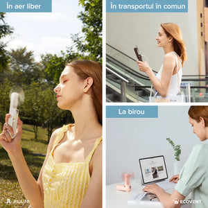 Ventilator portabil de mână JISULIFE, Life8, autonomie 12-21h, baterie 2000mAh, funcție Power Bank, lanternă LED, design pliabil, 2 viteze, încărcare rapidă, Maro