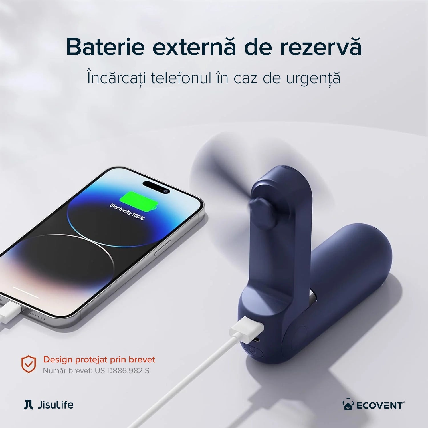 Ventilator portabil de mână JISULIFE, Life8, autonomie 12-21h, baterie 2000mAh, funcție Power Bank, lanternă LED, design pliabil, 2 viteze, încărcare rapidă, Alb