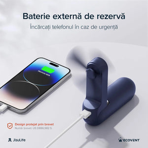 Ventilator portabil de mână JISULIFE, Life8, autonomie 12-21h, baterie 2000mAh, funcție Power Bank, lanternă LED, design pliabil, 2 viteze, încărcare rapidă, Albastru închis