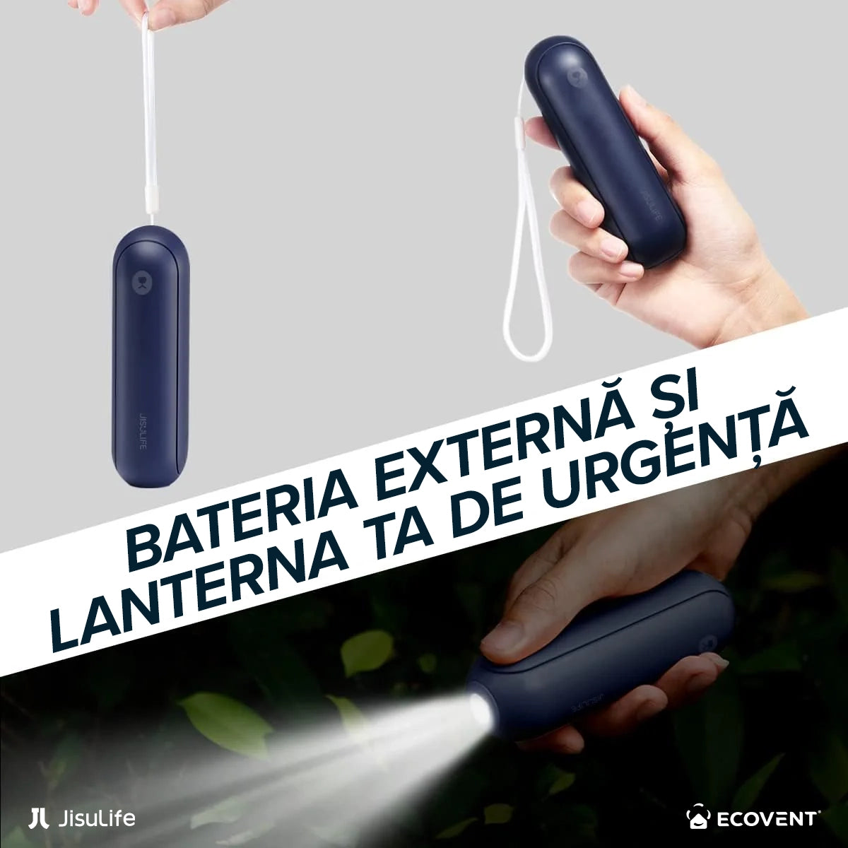 Ventilator portabil de mână JISULIFE, Life8, autonomie 12-21h, baterie 2000mAh, funcție Power Bank, lanternă LED, design pliabil, 2 viteze, încărcare rapidă, Albastru închis