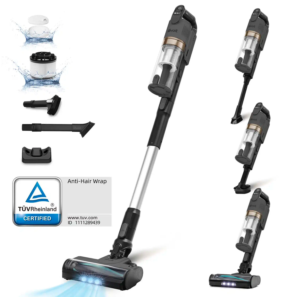 Aspirator vertical fara fir LEVOIT V200, Autonomie 50 Min, Iluminare LED, 180W, Container 0.75 L, Filtru HEPA 5 Stadii, GRI