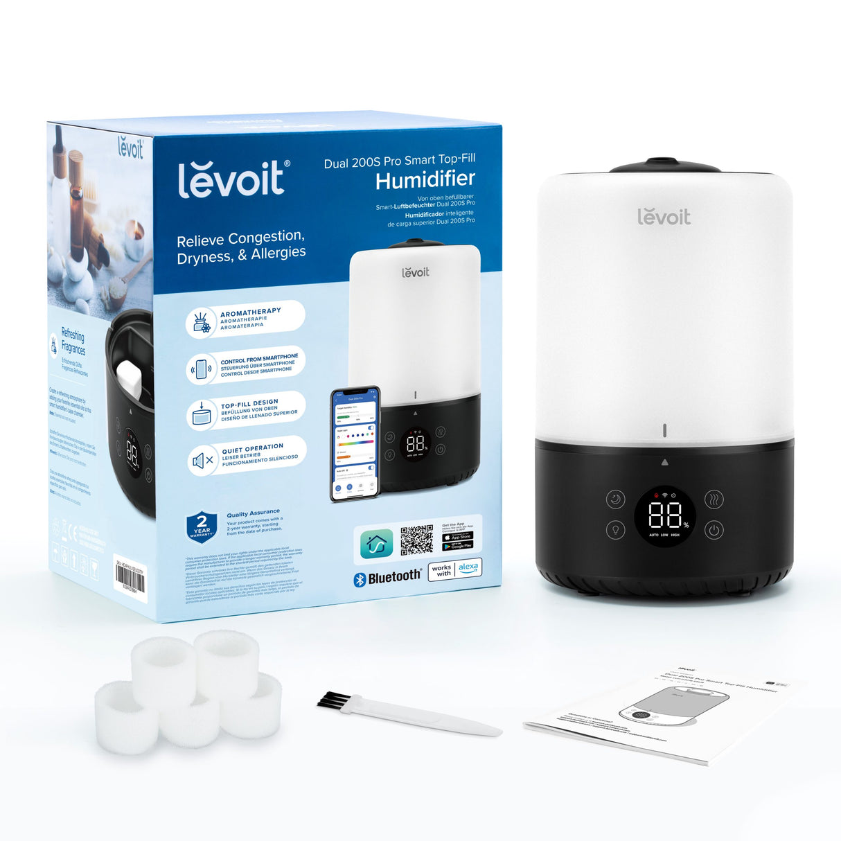 Umidificator de Aer Levoit Dual 200S PRO, SMART, WI-FI Ultrasonic, Rezervor 3l, Silentios, Aromaterapie, Functie AUTO, Autonomie 25 Ore, Design Black