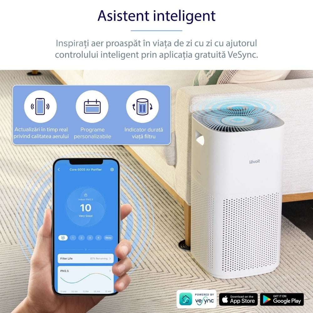 Purificator de aer Smart Levoit Core 600S Wi-Fi, Filtru 3 in 1 True HEPA, Senzor Calitate Aer, Mod Auto, Alexa, Google Home, Panou Comanda Touch Screen, Control Remote, Alb