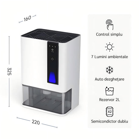 Resigilat! Dezumidificator Evoair HIDRY PLUS, 900ml/24h, Lumina ambientala in 7 culori, Rezervor 1.9l, 3 Viteze, Functie Auto Dezghetare, Alb