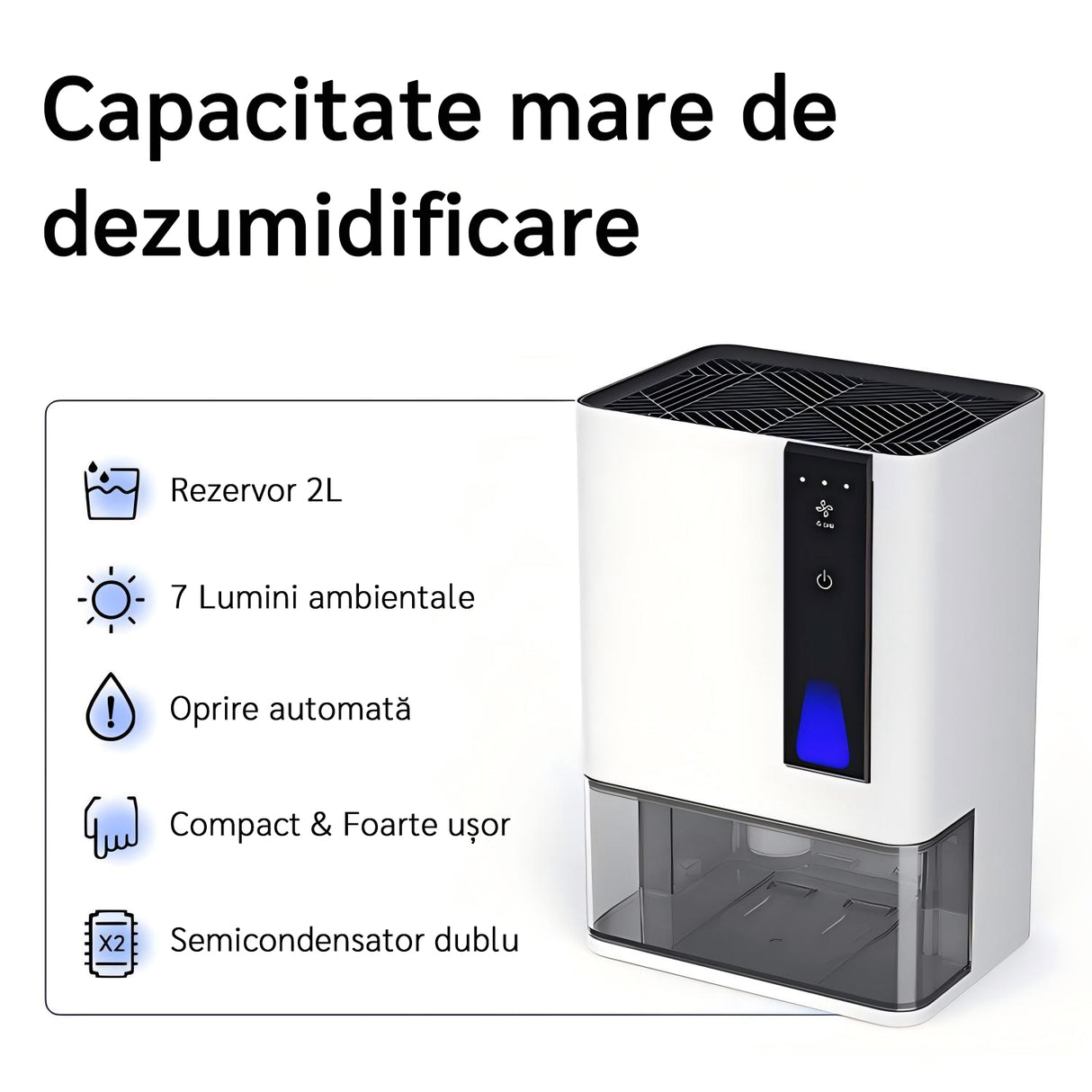 Dezumidificator Evoair HIDRY PLUS, 900ml/24h, Lumina ambientala in 7 culori, Rezervor 1.9l, 3 Viteze, Functie Auto Dezghetare, Alb