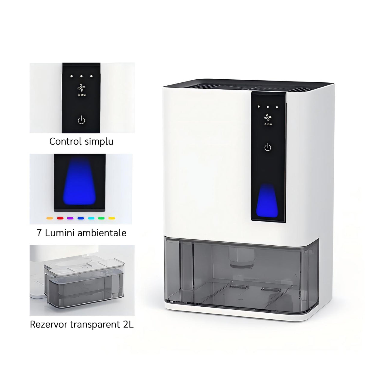 Dezumidificator Evoair HIDRY PLUS, 900ml/24h, Lumina ambientala in 7 culori, Rezervor 1.9l, 3 Viteze, Functie Auto Dezghetare, Alb