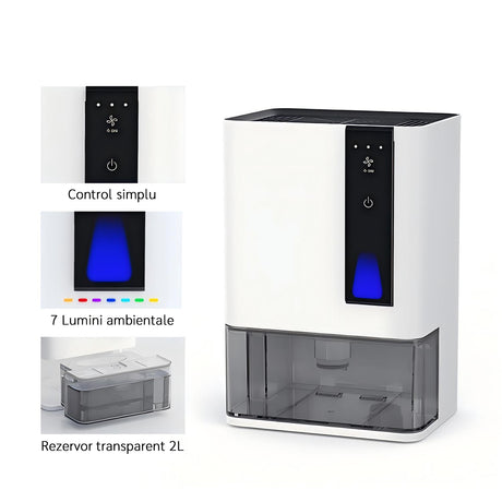 Resigilat! Dezumidificator Evoair HIDRY PLUS, 900ml/24h, Lumina ambientala in 7 culori, Rezervor 1.9l, 3 Viteze, Functie Auto Dezghetare, Alb
