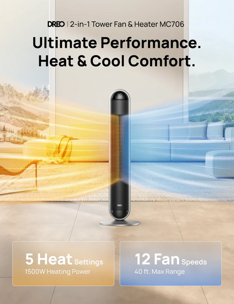 Aeroterma 2in1 Dreo 806S, Heater 2000W, Ventilator Turn, Heater Ceramica, Oscilatie 120°, Timer 12h, Display LED, 5 Trepte Incălzire, 12 Trepte Ventilare, DREO App, FortPlug, TurboSilent, Mod ECO, Termostat, Telecomanda, Negru&Argintiu