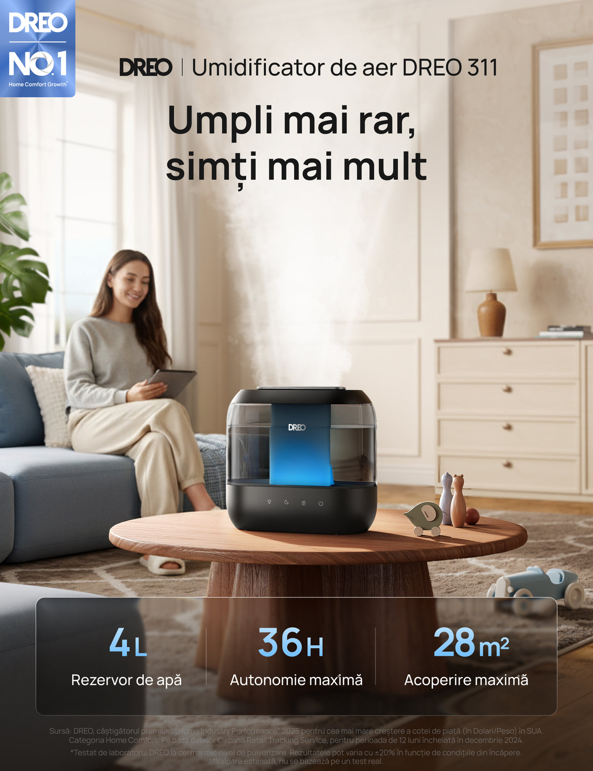 Umidificator Dreo 311S Smart, Wifi, Rezervor 4L,Capacitate de umidificare 250 ml/h, Ceata Rece, Autonomie 36 ore, Aromaterapie, Negru