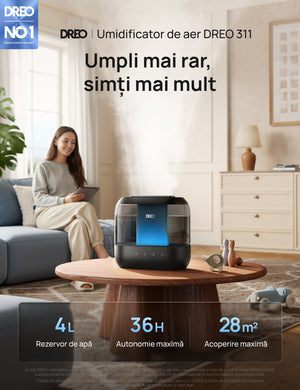 Umidificator Dreo 311S Smart, Wifi, Rezervor 4L,Capacitate de umidificare 250 ml/h, Ceata Rece, Autonomie 36 ore, Aromaterapie, Negru