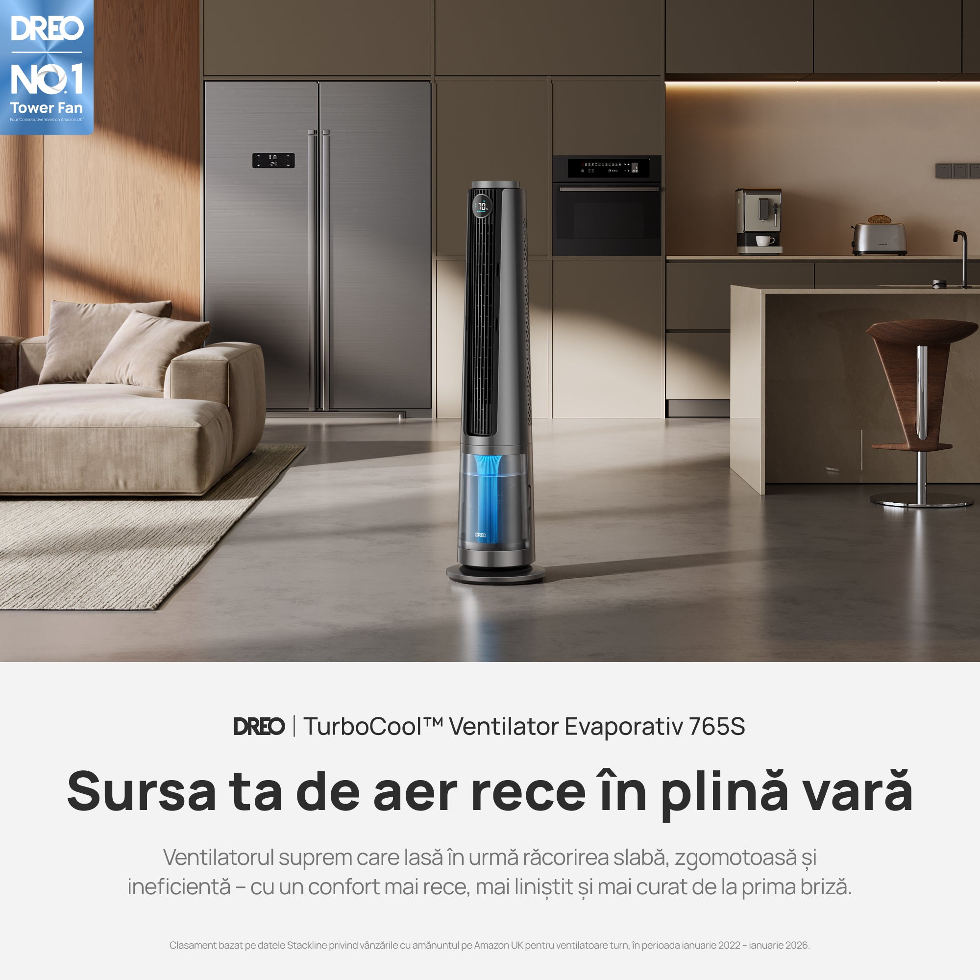 Ventilator Turn Smart Dreo Evaporativ DR‑HEC005S, Telecomandă, 12 Viteze, 4 Moduri Funcționare, Oscilație 90°, Timer 12H, Rezervor Apă 6L, Argintiu