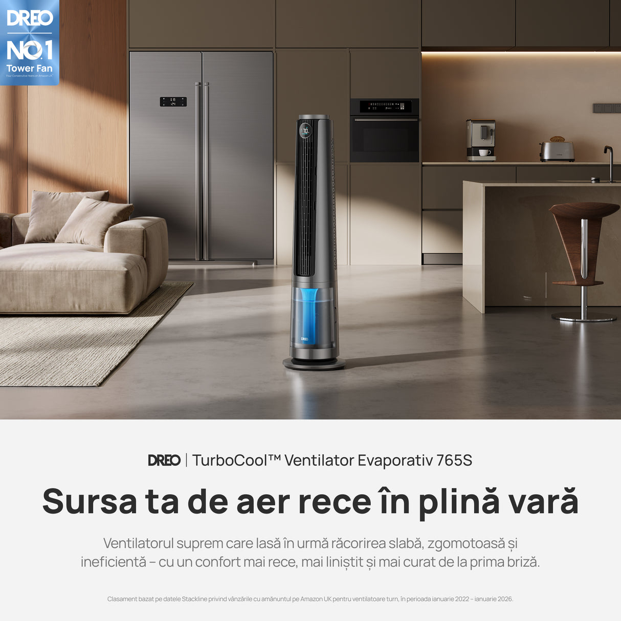 Ventilator Turn Smart Dreo Evaporativ DR‑HEC005S, Telecomandă, 12 Viteze, 4 Moduri Funcționare, Oscilație 90°, Timer 12H, Rezervor Apă 6L, Argintiu