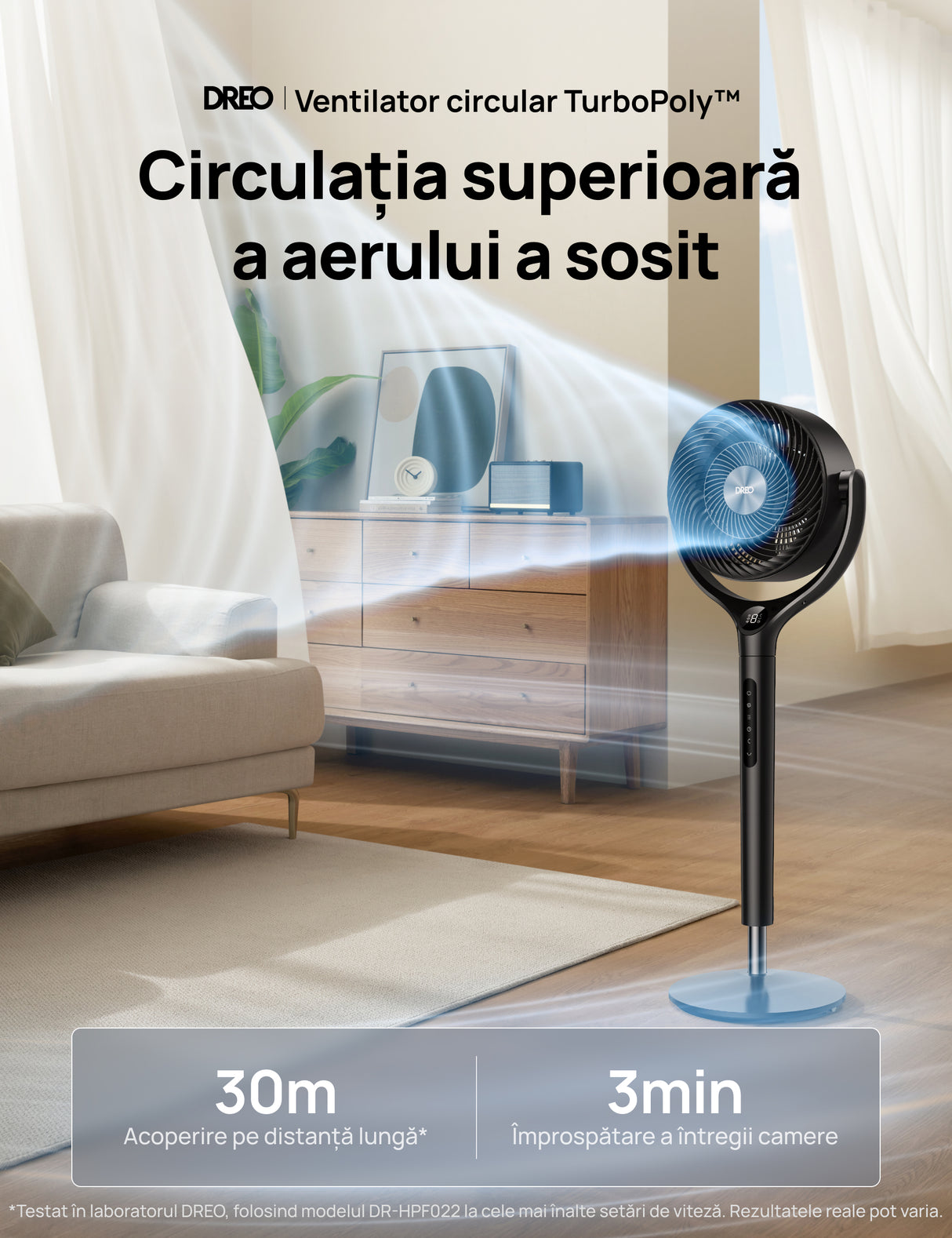Ventilator Circular Dreo DR-HPF022, Telecomandă, 9 Viteze, 3 Moduri Funcționare, Oscilație Automată 120°, Timer 8H, Motor DC Silențios, Înălțime Reglabilă, Gri