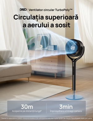 Ventilator Circular Dreo DR-HPF022, Telecomandă, 9 Viteze, 3 Moduri Funcționare, Oscilație Automată 120°, Timer 8H, Motor DC Silențios, Înălțime Reglabilă, Gri