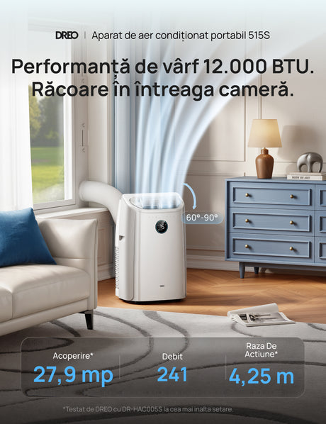 Aer Condiționat Portabil Smart Dreo DR-HAC005S, 12000 BTU, Telecomandă, 3 Moduri Funcționare (Răcire/Ventilator/Dezumidificare), Timer 24H, Control WiFi, Display LED, Kit Fereastră Inclus, Alb