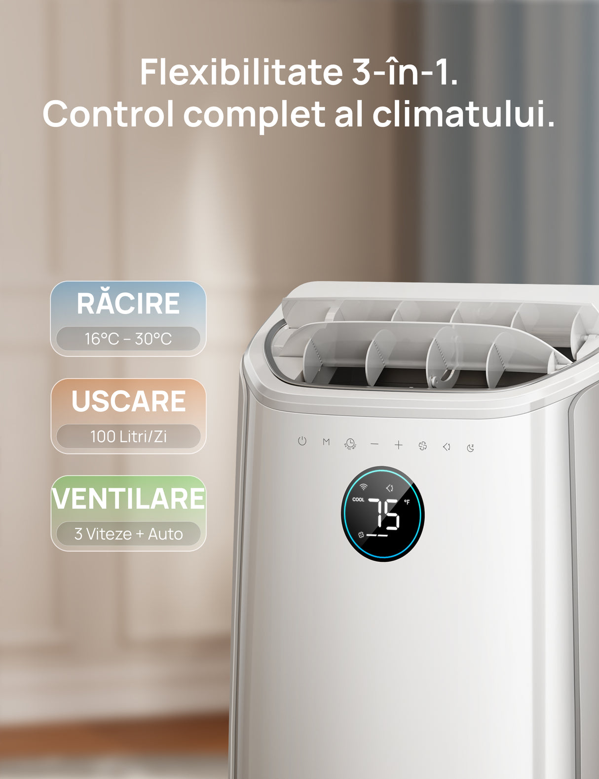 Aer Condiționat Portabil Smart Dreo DR-HAC005S, 12000 BTU, Telecomandă, 3 Moduri Funcționare (Răcire/Ventilator/Dezumidificare), Timer 24H, Control WiFi, Display LED, Kit Fereastră Inclus, Alb
