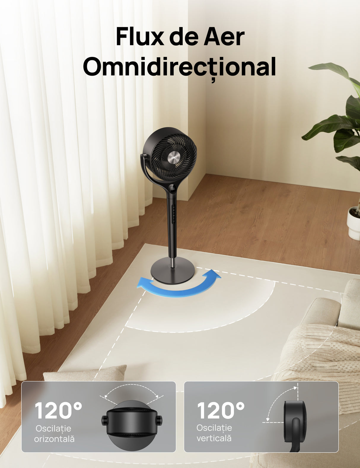 Ventilator Circular Dreo DR-HPF022, Telecomandă, 9 Viteze, 3 Moduri Funcționare, Oscilație Automată 120°, Timer 8H, Motor DC Silențios, Înălțime Reglabilă, Gri