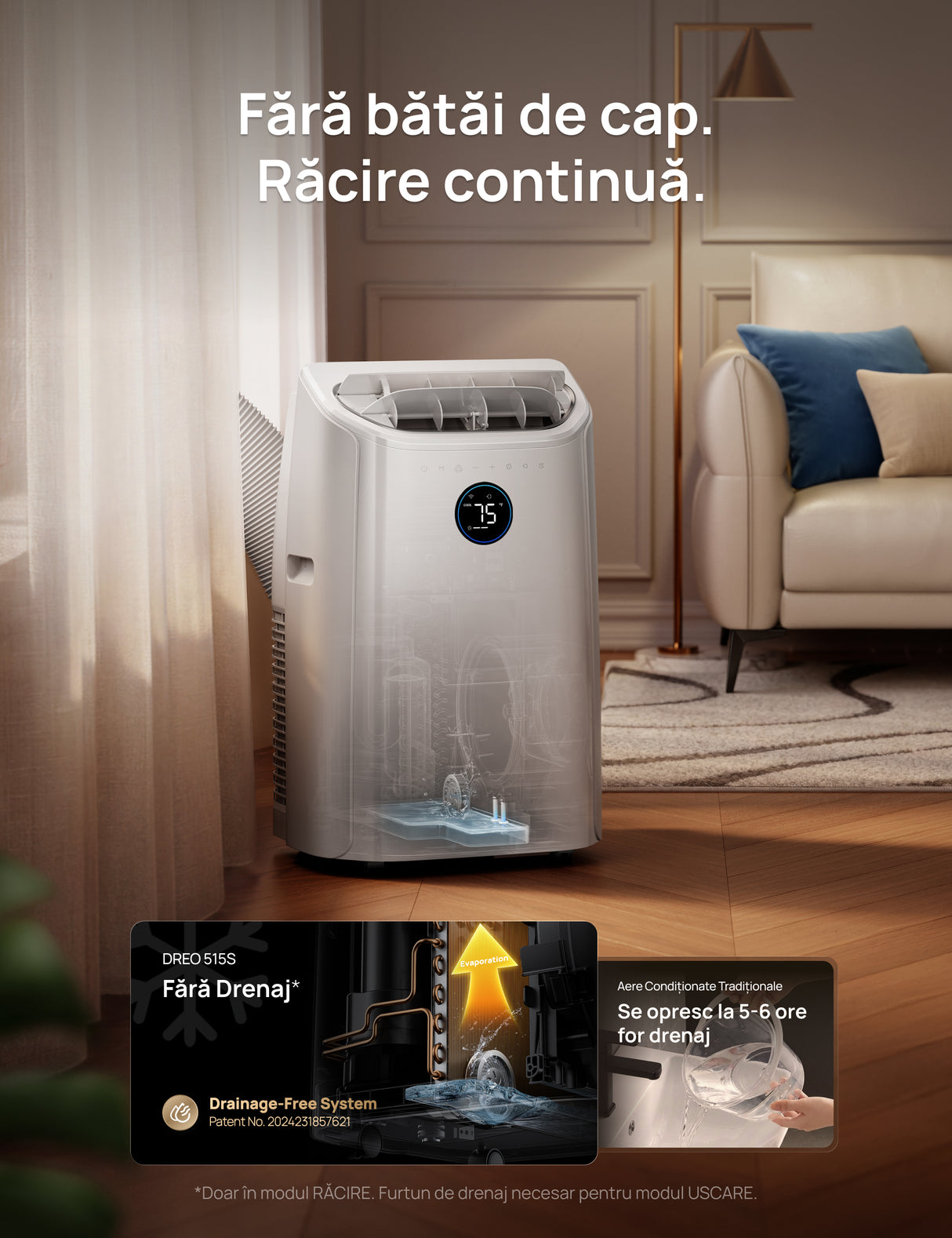 Aer Condiționat Portabil Smart Dreo DR-HAC005S, 12000 BTU, Telecomandă, 3 Moduri Funcționare (Răcire/Ventilator/Dezumidificare), Timer 24H, Control WiFi, Display LED, Kit Fereastră Inclus, Alb