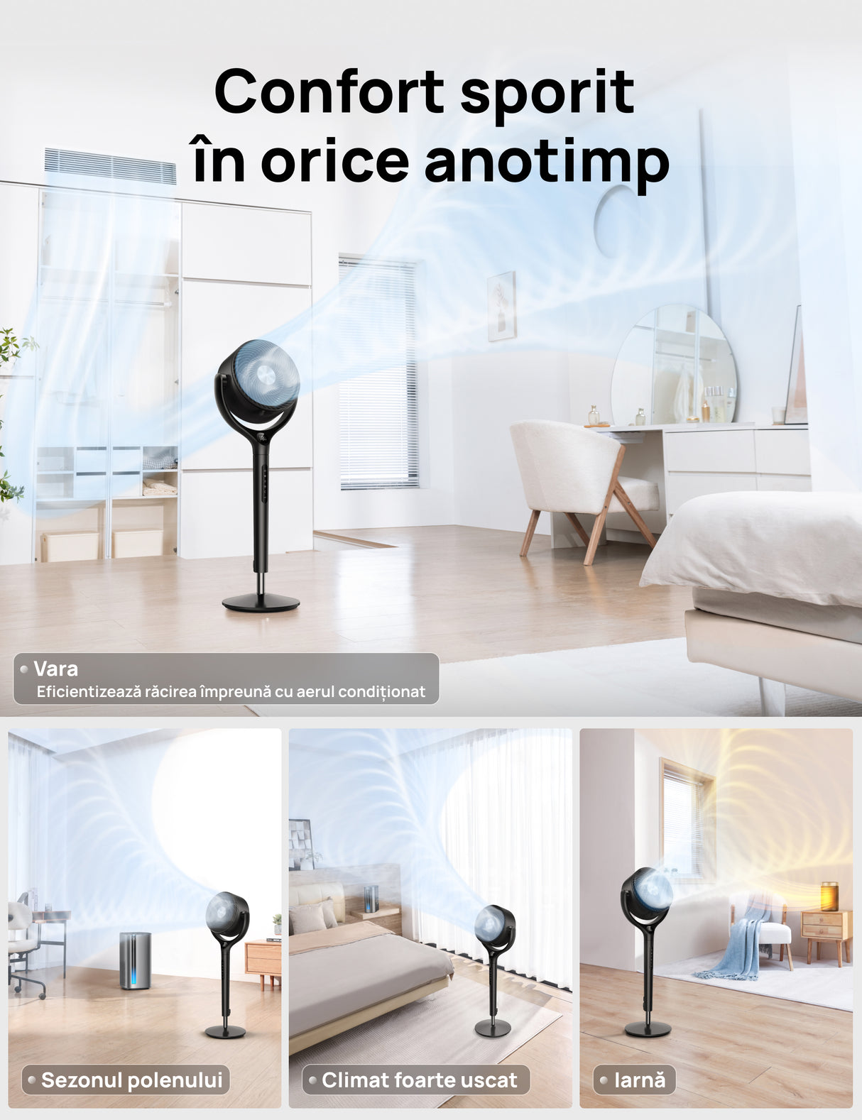 Ventilator Circular Dreo DR-HPF022, Telecomandă, 9 Viteze, 3 Moduri Funcționare, Oscilație Automată 120°, Timer 8H, Motor DC Silențios, Înălțime Reglabilă, Gri