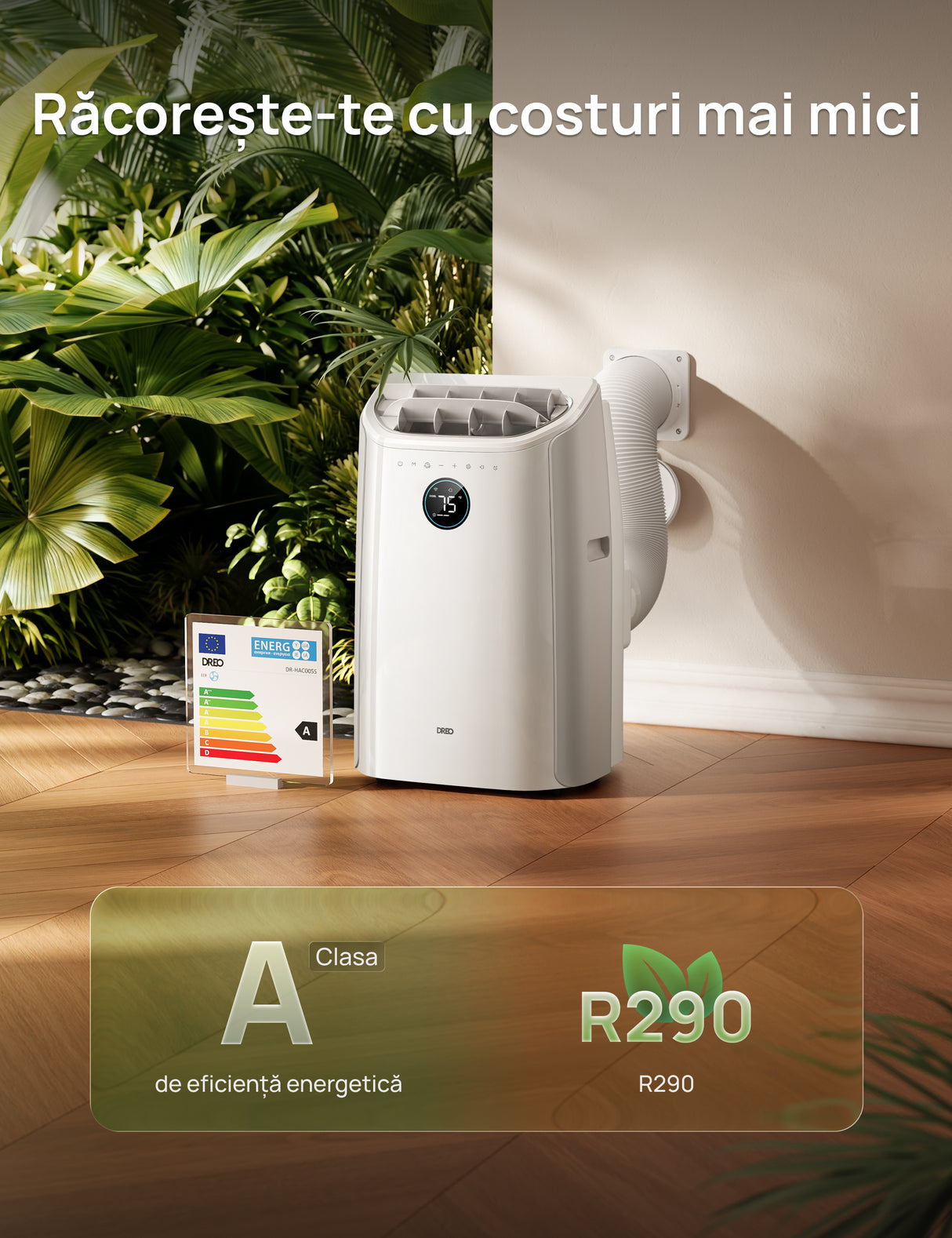 Aer Condiționat Portabil Smart Dreo DR-HAC005S, 12000 BTU, Telecomandă, 3 Moduri Funcționare (Răcire/Ventilator/Dezumidificare), Timer 24H, Control WiFi, Display LED, Kit Fereastră Inclus, Alb