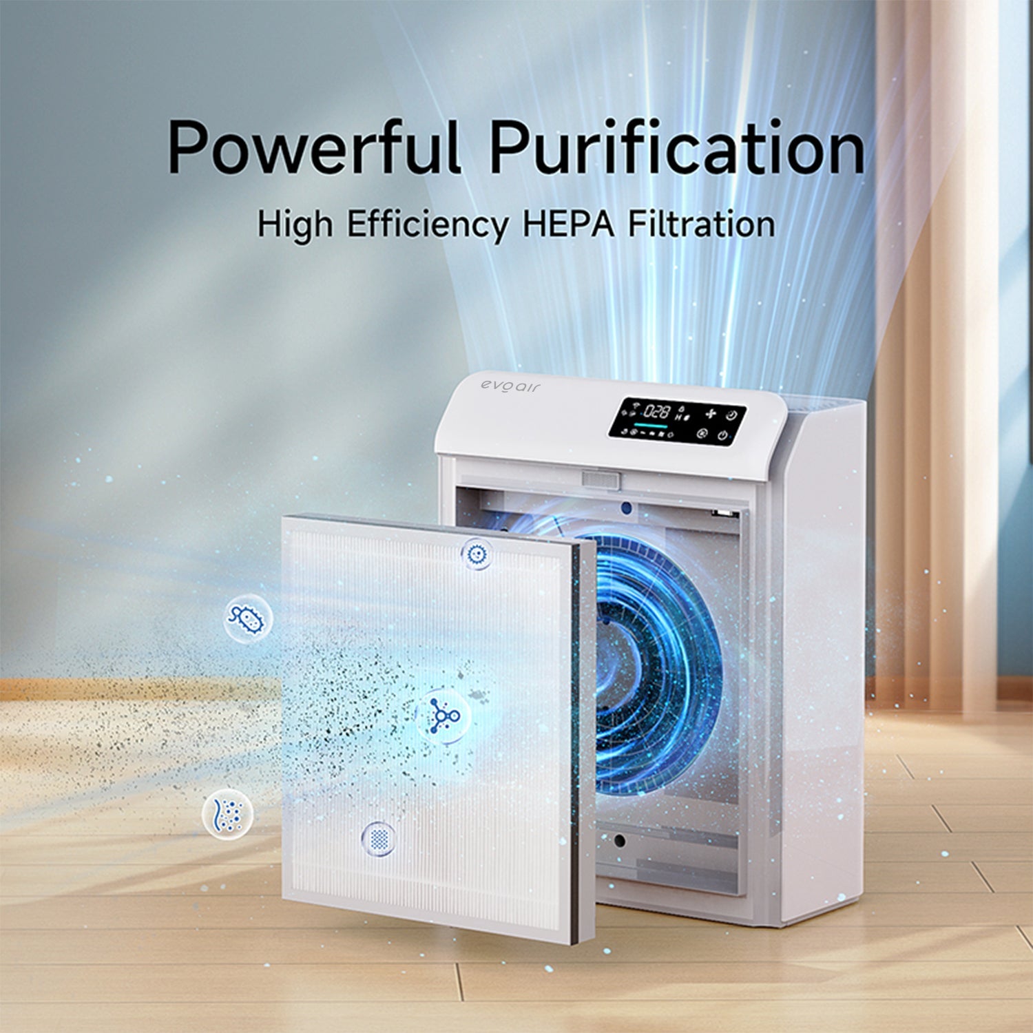 Purificator de aer Evoair HOMI P300, CADR 300m³/h, WI-FI, Filtru True Hepa, Mod Auto, Lampa UV, Ionizare, 6 Moduri Functionare, Senzor Calitate Aer, Alb