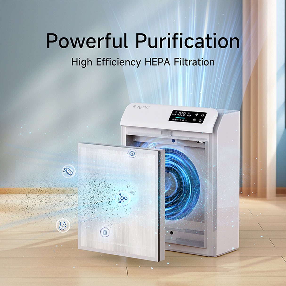 Purificator de aer Evoair HOMI P300, CADR 300m³/h, WI-FI, Filtru True Hepa, Mod Auto, Lampa UV, Ionizare, 6 Moduri Functionare, Senzor Calitate Aer, Alb