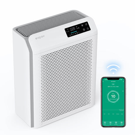 Purificator de aer Evoair HOMI P300, CADR 300m³/h, WI-FI, Filtru True Hepa, Mod Auto, Lampa UV, Ionizare, 6 Moduri Functionare, Senzor Calitate Aer, Alb