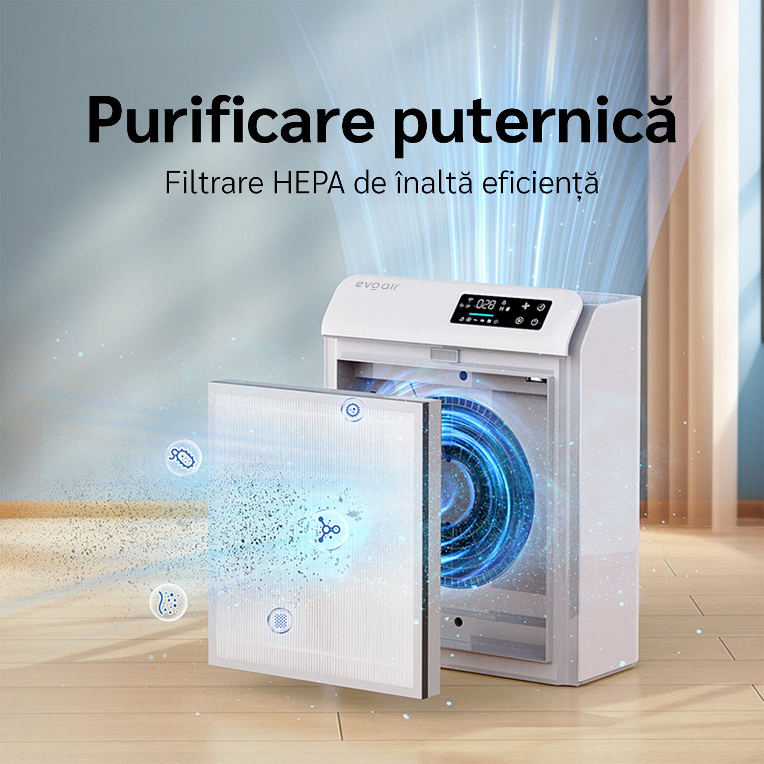 Resigilat! Purificator de aer Evoair HOMI P300, CADR 300m³/h, WI-FI, Filtru True Hepa, Carbon Activ, Prefiltru, Mod Auto, Lampa UV, Ionizare, 6 Moduri Functionare, Senzor Caliate Aer, Alb