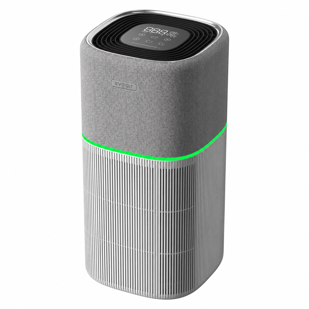 Purificator de aer Evoair, Soft, Wi-Fi, Filtru 4in1, True Hepa, Carbon Activ, Prefiltru Textil, 10 viteze, Senzor Temperatură și Umiditate, Mod Noapte, Avertizare Filtru, Lumină Ambientală, Gri