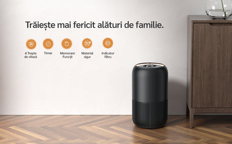 Purificator de aer Evoair, YuvoSpin, Lampă UV-C, Filtru 3in1, True Hepa, Carbon Activ, Pre-filtru, 4 viteze, Funcție Polen/Animale, Mod Noapte, Blocare Ecran, Lumină Ambientală, Negru