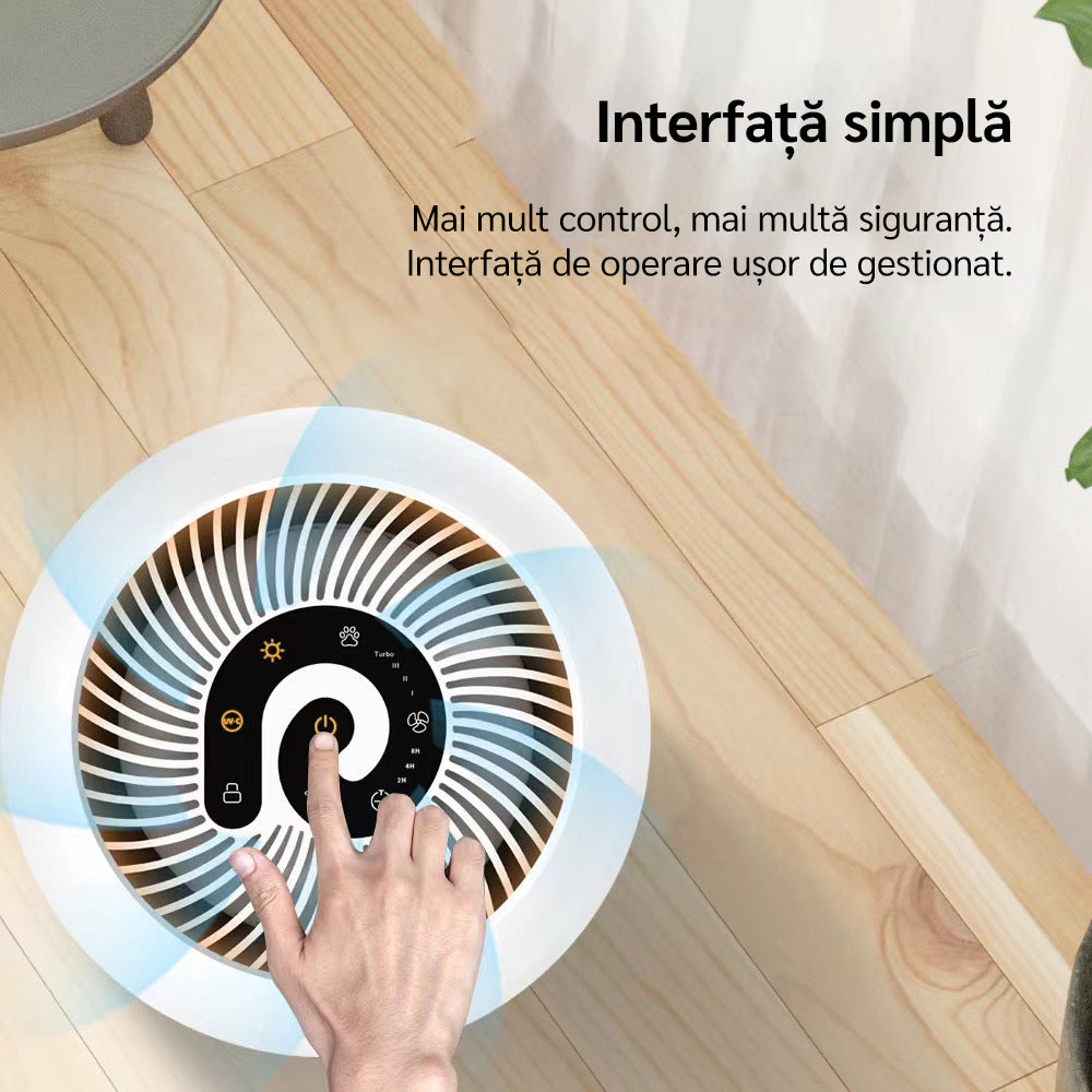 Purificator de aer Evoair, YuvoSpin, Lampă UV-C, Filtru 3in1, True Hepa, Carbon Activ, Pre-filtru, 4 viteze, Funcție Polen/Animale, Mod Noapte, Blocare Ecran, Lumină Ambientală, Negru