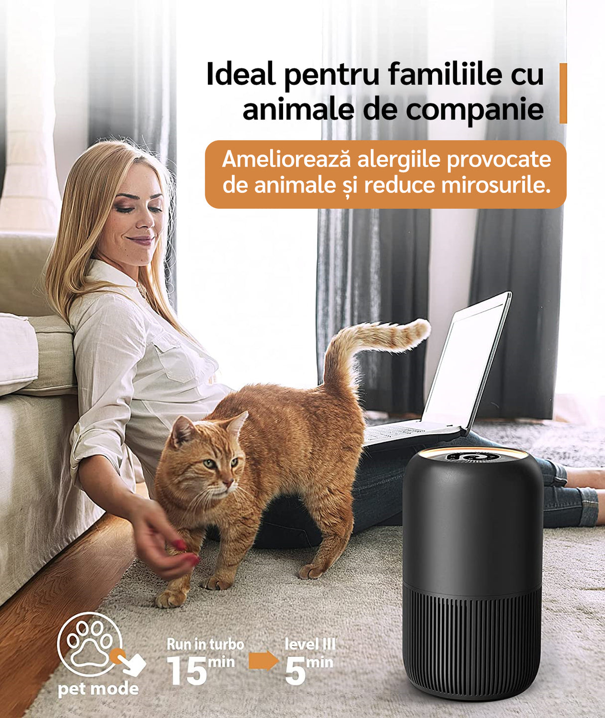 Purificator de aer Evoair, YuvoSpin, Lampă UV-C, Filtru 3in1, True Hepa, Carbon Activ, Pre-filtru, 4 viteze, Funcție Polen/Animale, Mod Noapte, Blocare Ecran, Lumină Ambientală, Alb
