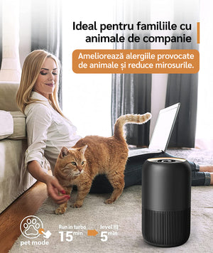 Purificator de aer Evoair, YuvoSpin, Lampă UV-C, Filtru 3in1, True Hepa, Carbon Activ, Pre-filtru, 4 viteze, Funcție Polen/Animale, Mod Noapte, Blocare Ecran, Lumină Ambientală, Alb