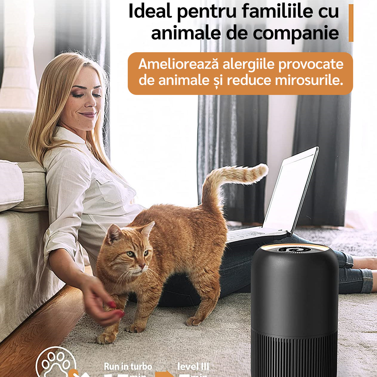 Resigilat! Purificator de aer Evoair, YuvoSpin, Lampă UV-C, Filtru 3in1, True Hepa, Carbon Activ, Pre-filtru, 4 viteze, Funcție Polen/Animale, Mod Noapte, Blocare Ecran, Lumină Ambientală, Negru, Filtru Sigilat