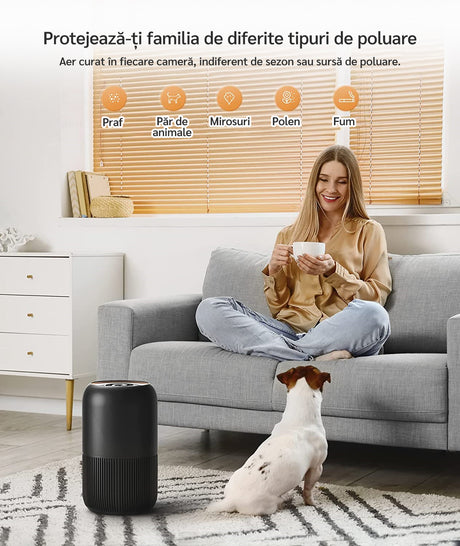 Purificator de aer Evoair, YuvoSpin, Lampă UV-C, Filtru 3in1, True Hepa, Carbon Activ, Pre-filtru, 4 viteze, Funcție Polen/Animale, Mod Noapte, Blocare Ecran, Lumină Ambientală, Negru