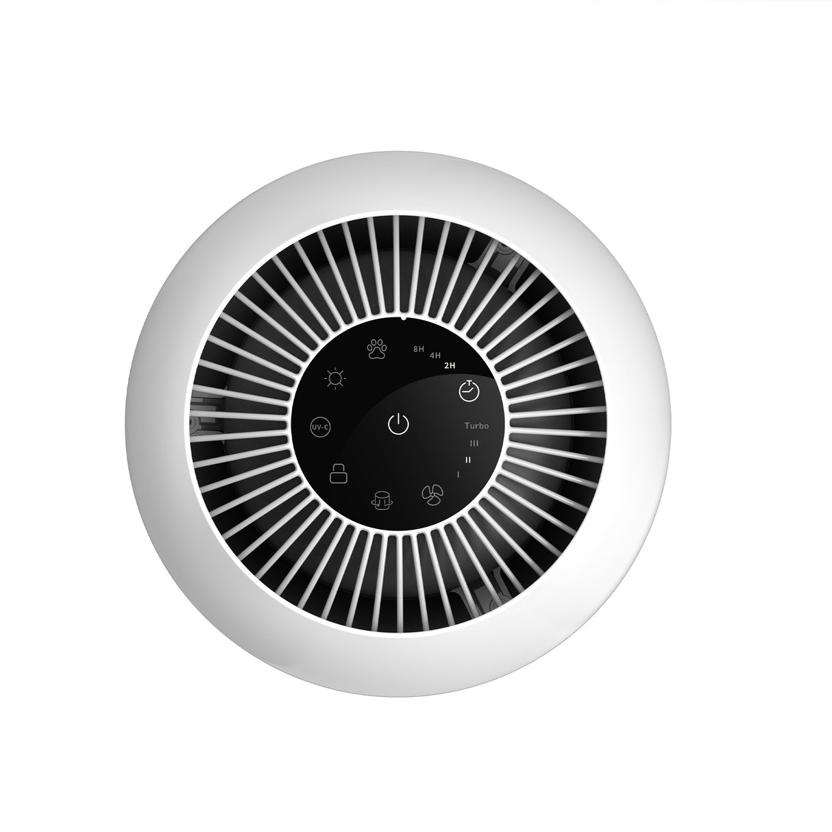 Purificator de aer Evoair, Yuvo, Lampă UV-C, Filtru 3in1, True Hepa, Carbon Activ, Pre-filtru, 4 viteze, Funcție Polen/Animale, Mod Noapte, Blocare Ecran, Lumină Ambientală, Alb