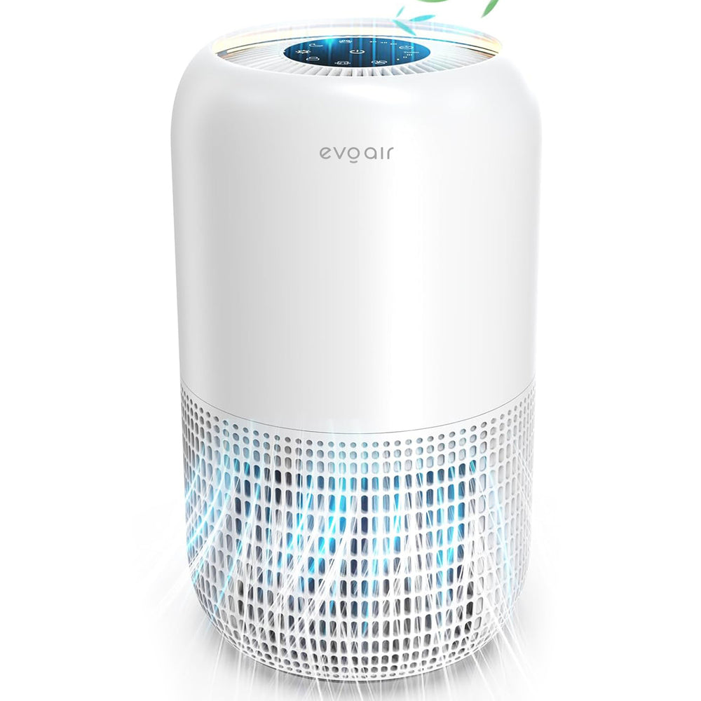 Purificator de aer Evoair, Yuvo, Lampă UV-C, Filtru 3in1, True Hepa, Carbon Activ, Pre-filtru, 4 viteze, Funcție Polen/Animale, Mod Noapte, Blocare Ecran, Lumină Ambientală, Alb
