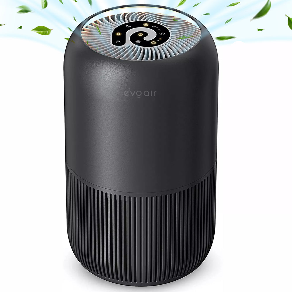 Purificator de aer Evoair, YuvoSpin, Lampă UV-C, Filtru 3in1, True Hepa, Carbon Activ, Pre-filtru, 4 viteze, Funcție Polen/Animale, Mod Noapte, Blocare Ecran, Lumină Ambientală, Negru