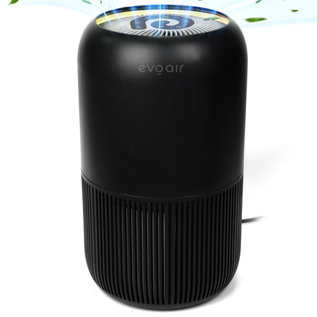 Purificator de aer Evoair, YuvoSpin, Lampă UV-C, Filtru 3in1, True Hepa, Carbon Activ, Pre-filtru, 4 viteze, Funcție Polen/Animale, Mod Noapte, Blocare Ecran, Lumină Ambientală, Negru