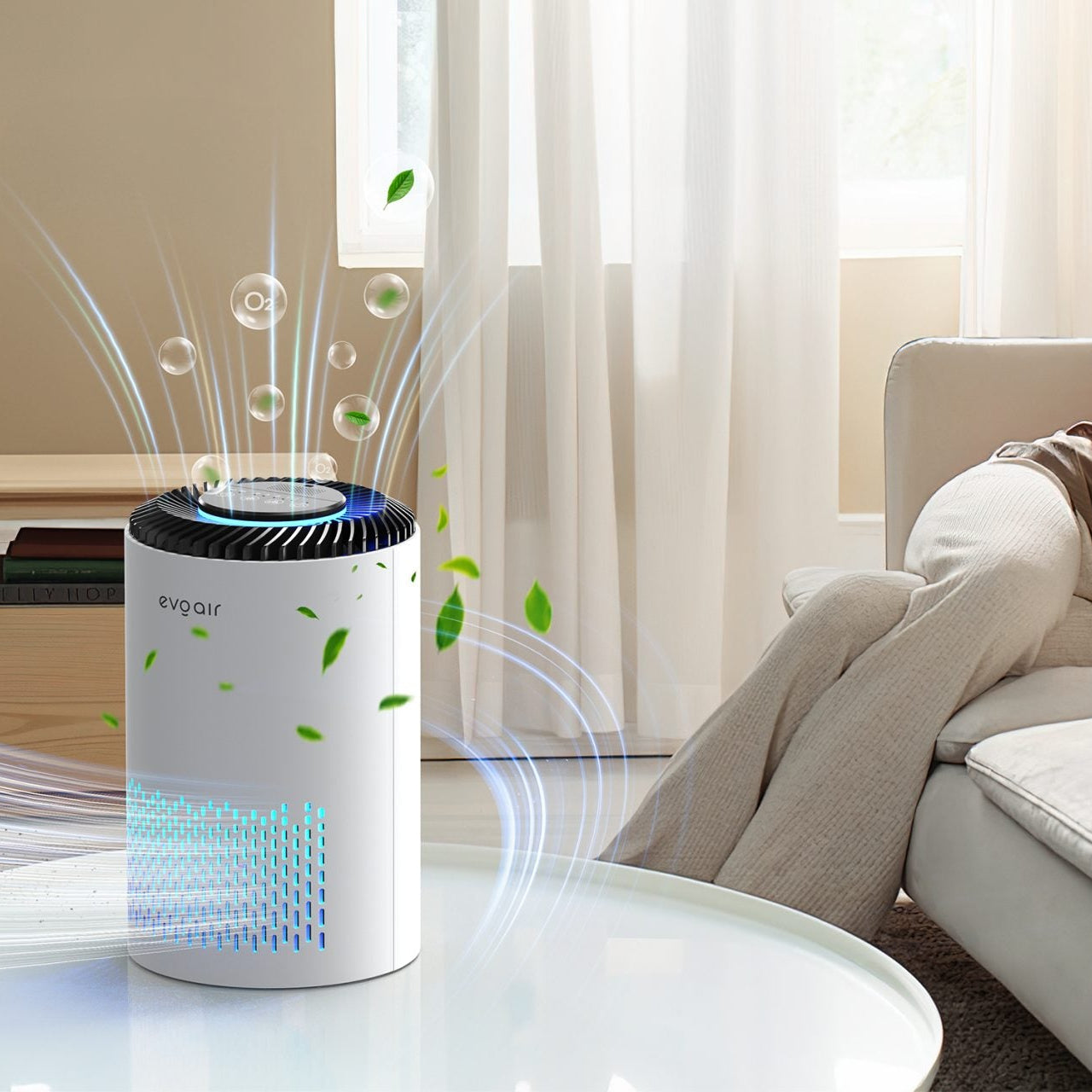 Purificator de aer Evoair Zuno, Filtru 3 in 1 True HEPA, Carbon Activ, Lampă UV, 3 viteze, Mod Noapte, Aromaterapie, Lumină Ambientală, Timer, Alb