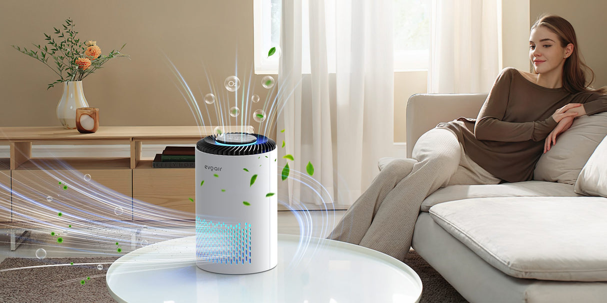 Purificator de aer Evoair Zuno, Filtru 3 in 1 True HEPA, Carbon Activ, Lampă UV, 3 viteze, Mod Noapte, Aromaterapie, Lumină Ambientală, Timer, Alb