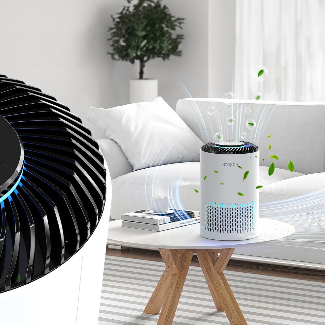 Purificator de aer Evoair Zuno, Filtru 3 in 1 True HEPA, Carbon Activ, Lampă UV, 3 viteze, Mod Noapte, Aromaterapie, Lumină Ambientală, Timer, Alb