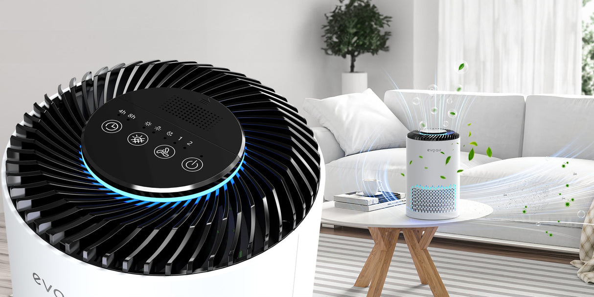 Purificator de aer Evoair Zuno, Filtru 3 in 1 True HEPA, Carbon Activ, Lampă UV, 3 viteze, Mod Noapte, Aromaterapie, Lumină Ambientală, Timer, Alb