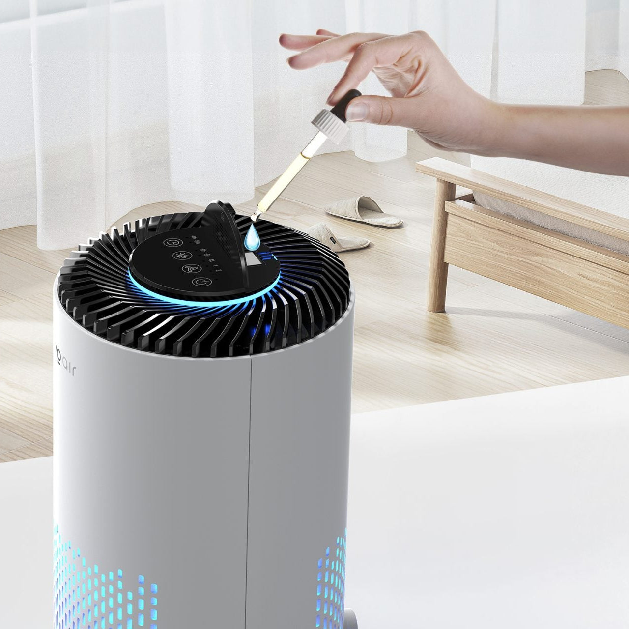 Purificator de aer Evoair Zuno, Filtru 3 in 1 True HEPA, Carbon Activ, Lampă UV, 3 viteze, Mod Noapte, Aromaterapie, Lumină Ambientală, Timer, Alb