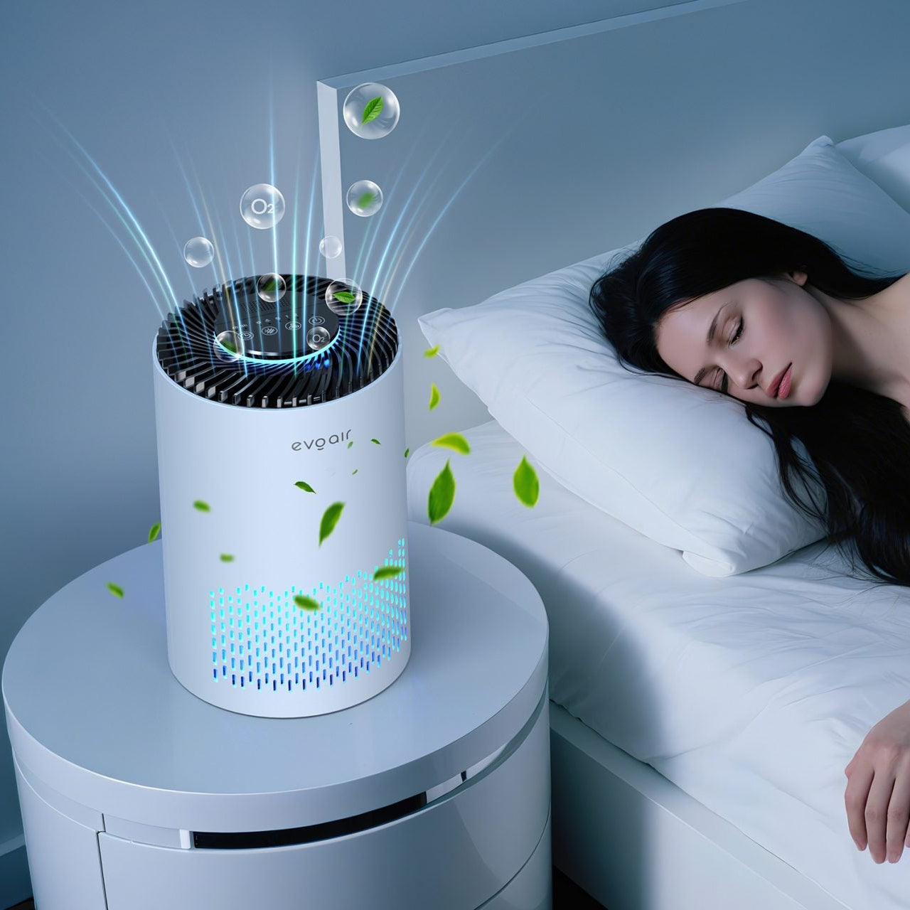 Purificator de aer Evoair Zuno, Filtru 3 in 1 True HEPA, Carbon Activ, Lampă UV, 3 viteze, Mod Noapte, Aromaterapie, Lumină Ambientală, Timer, Alb