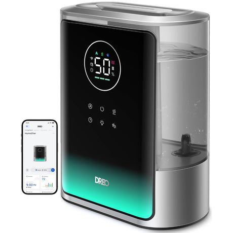 Umidificator de aer Dreo 717S Smart, Rezervor 8L, 550ml/h, Ceață caldă și rece, Autonomie până la 80h, Acoperire 56m², Senzor umiditate, Indicator Umiditate, Temporizator, Aromaterapie, Negru
